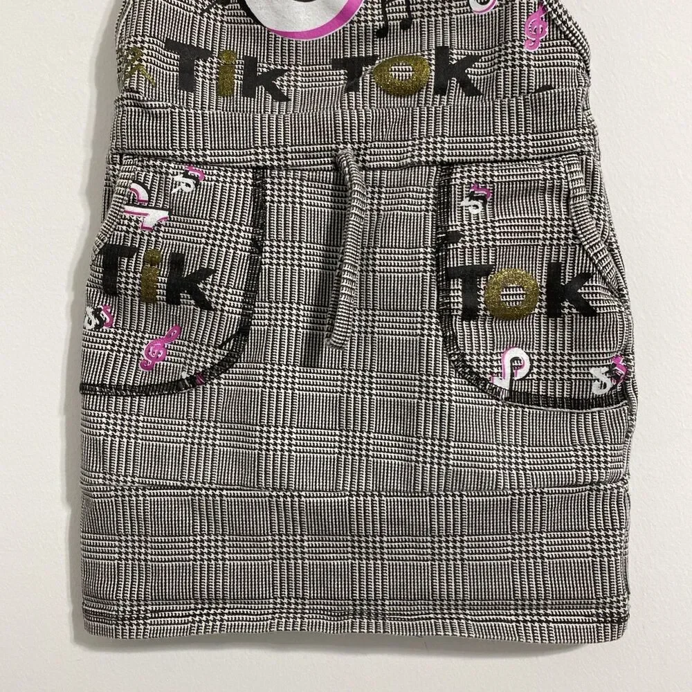 TikTok Overall Dress Toddler Girls 2T Black White Pink Gold Plaid Houndstooth - Picture 3 of 4